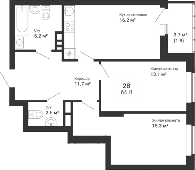 Планировка 3Е-к.кв, 66,8 м² в ЖК Южный сад